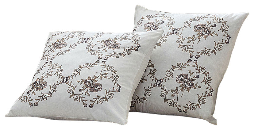 Rose Embroidery 2 Piece Pillow Cover Set, 20" X 20", Taupe