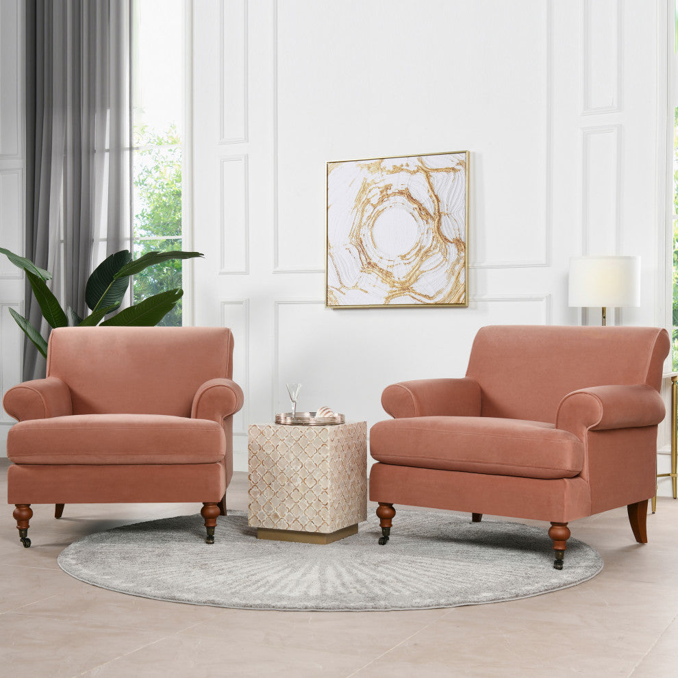 Alana 38" Lawson Accent Arm Chair, Metal Casters, Peach Orange Velvet