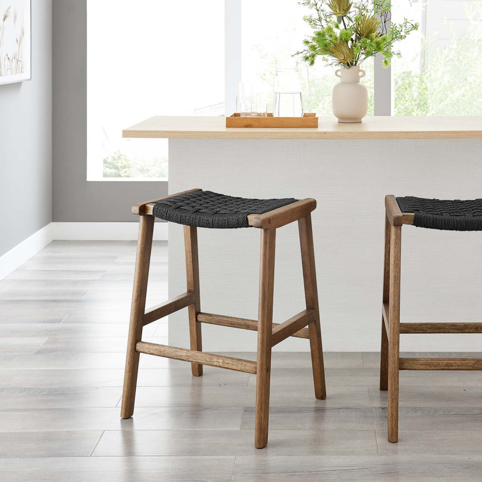 Saoirse Woven Rope Wood Counter Stool - Set of 2 - Walnut Black