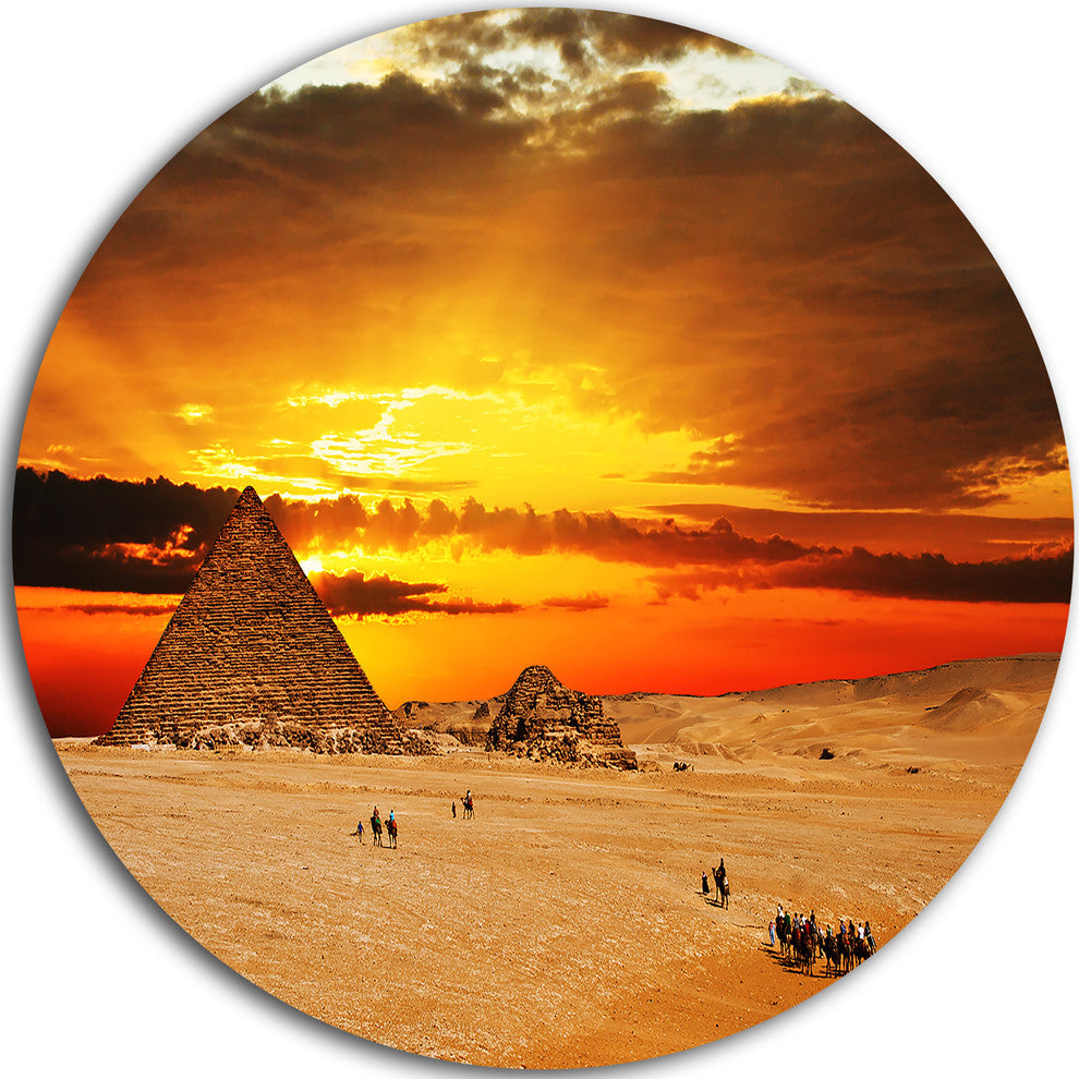 Camel Caravan At Sunset, Landscape Photo Large Disc Metal Wall Art, 23"
