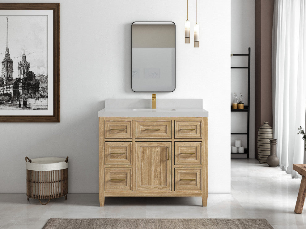 Santa Monica 42 Single Sink Bath Vanity in Whitewashed Teak 2" Carrara Quartz