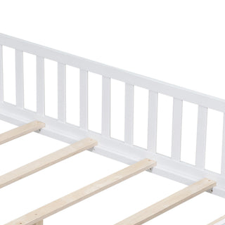 Gewnee Full Size Floor Platform Bed with Fence and Door, White