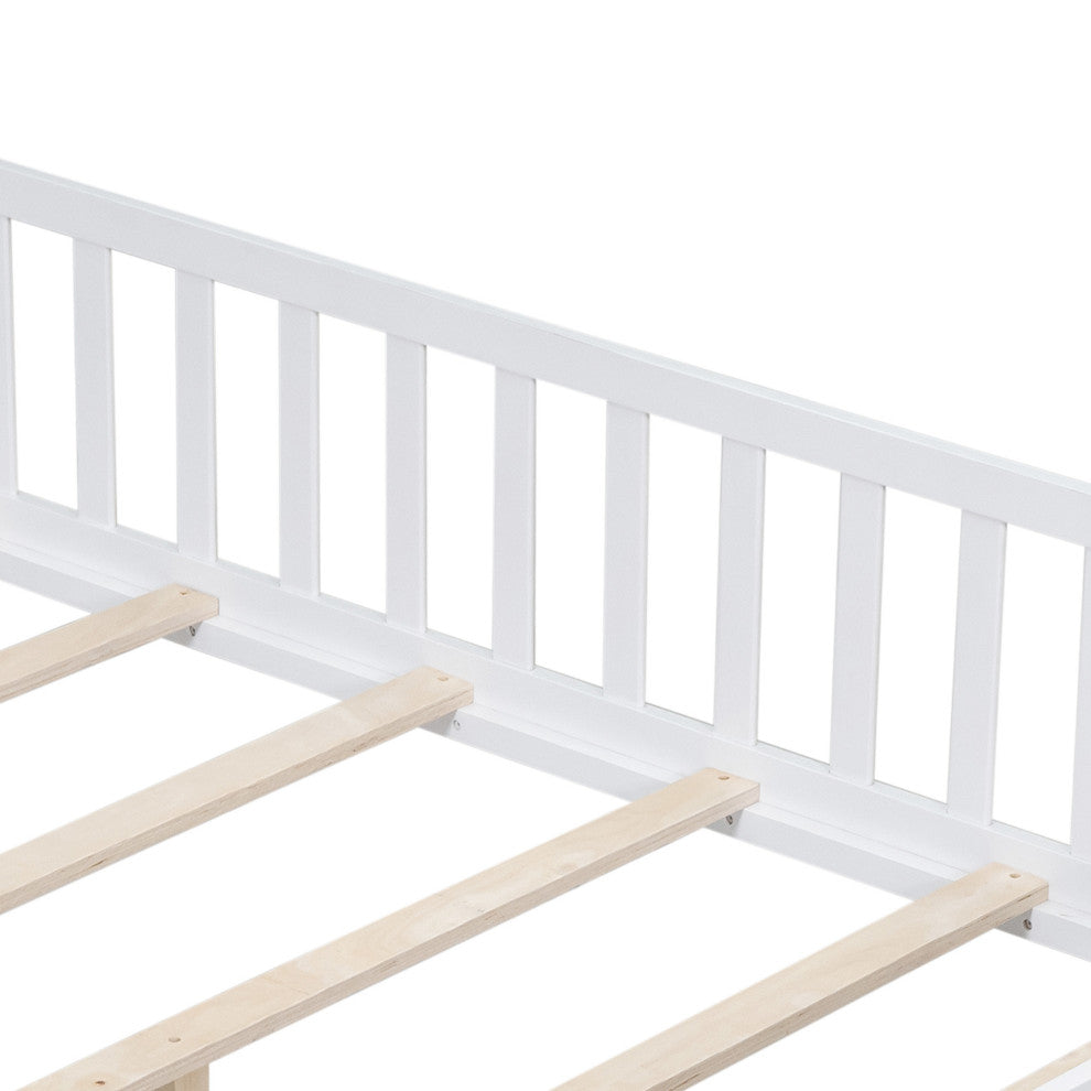 Gewnee Full Size Floor Platform Bed with Fence and Door, White