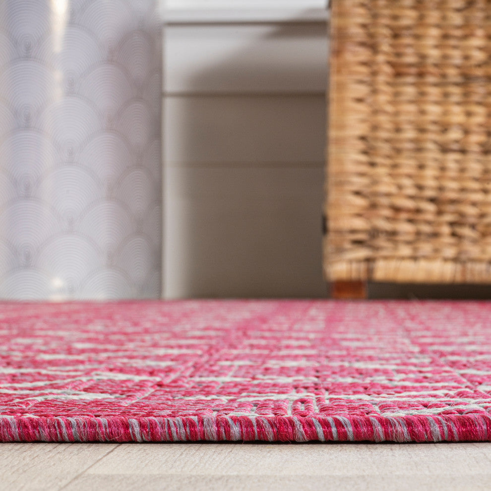 Ourika Moroccan Geometric Indoor/Outdoor Rug, Fuchsia/Light Gray, 5' Square