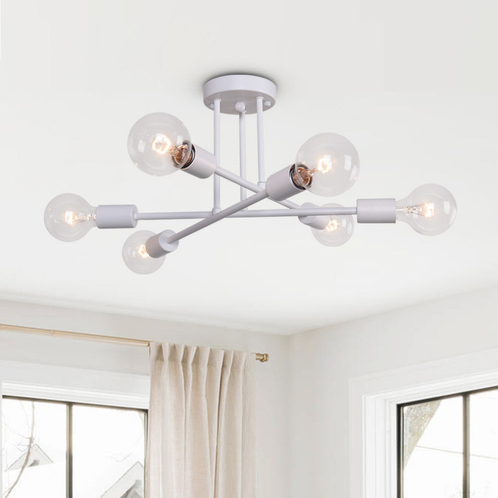 6 Light Sputnik Linear Semi Flush Mount Light, White