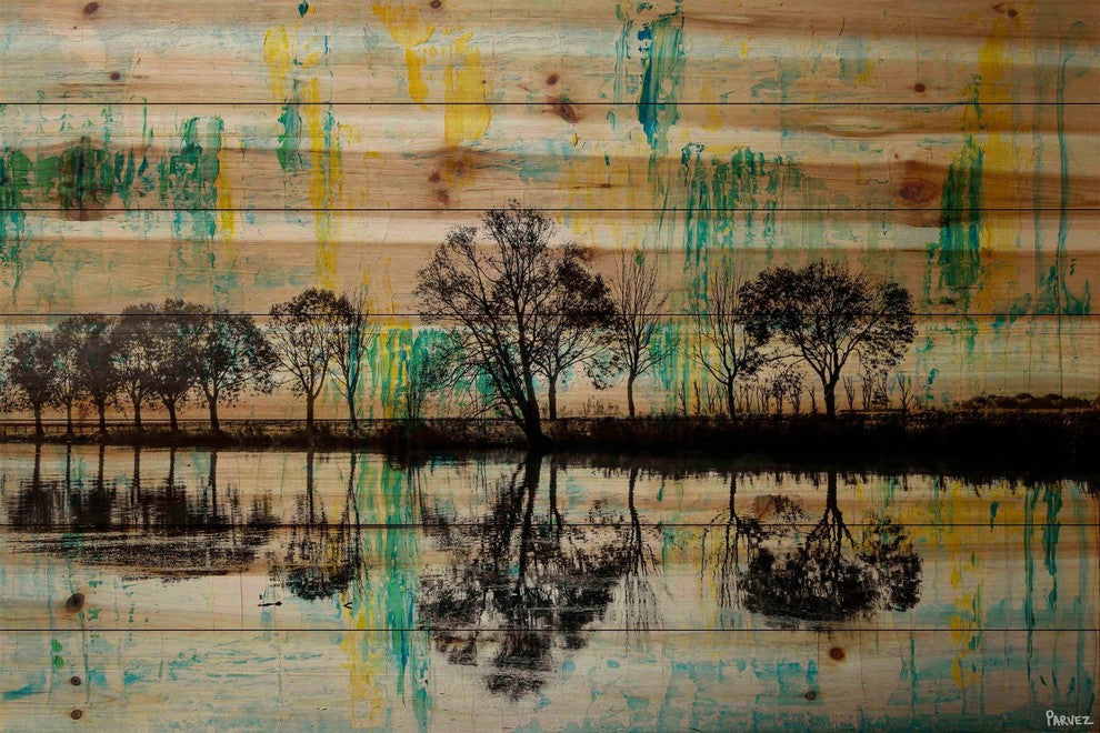 "Green/Yellow Splashes" Painting Print on Natural Pine Wood, 36"x24"