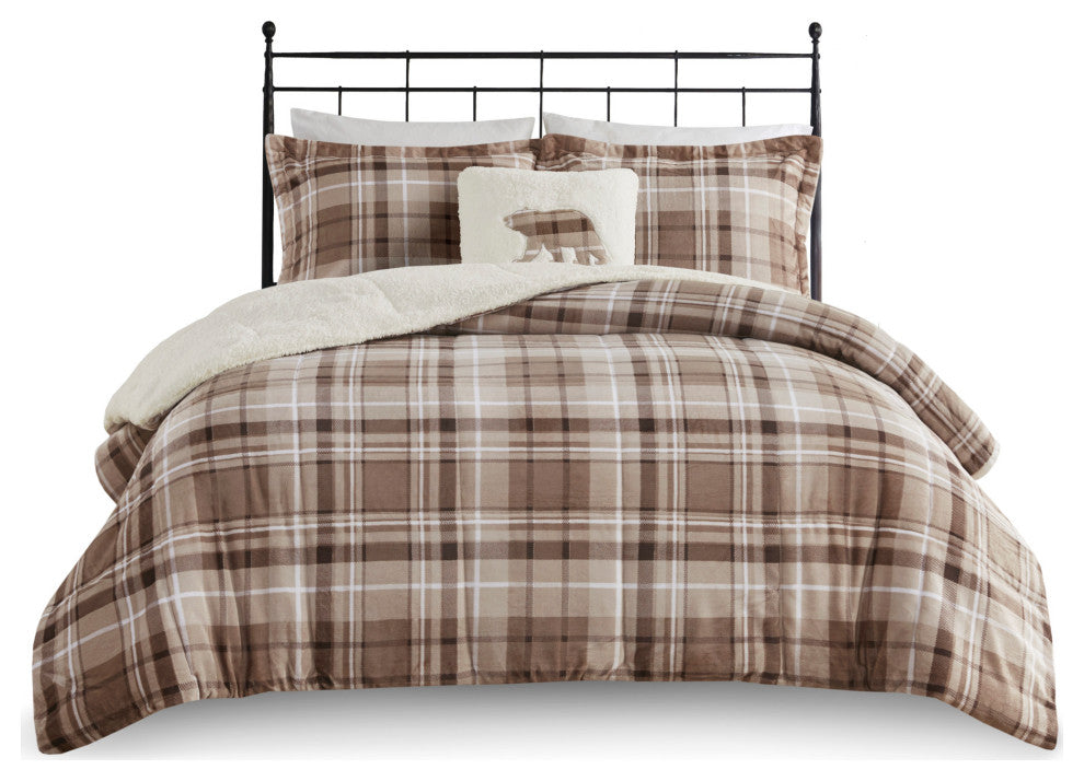 Woolrich Alton Plush to Sherpa Winter Comforter Set, Plaid Taupe, King