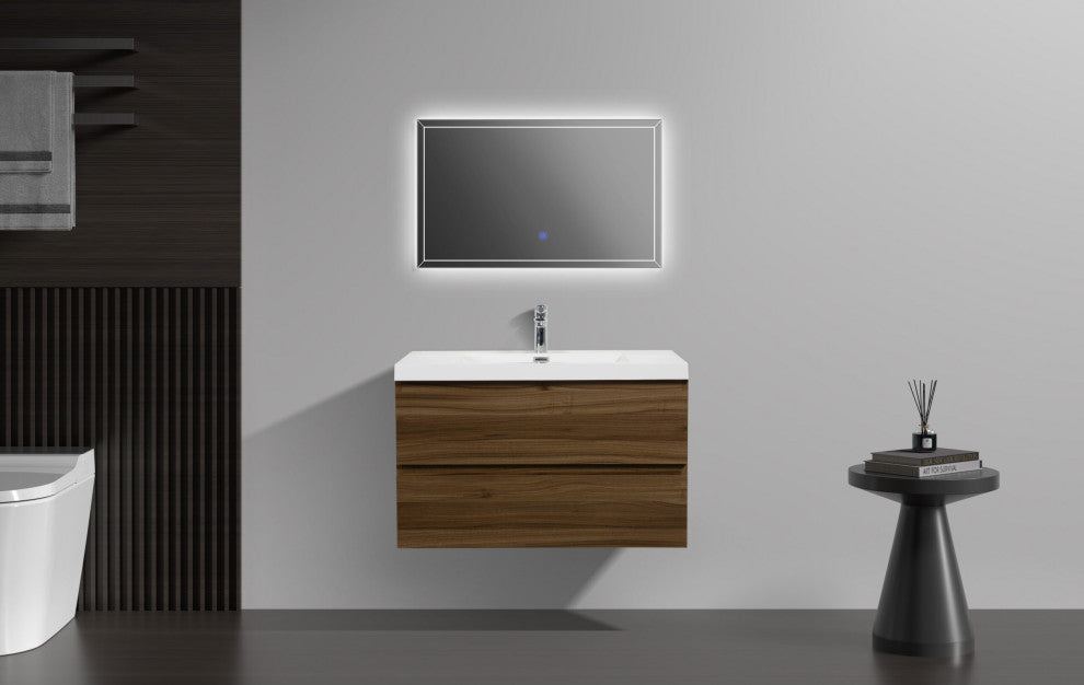 Aurora Wall Mount Vanity, White Acrylic Top, Smokey Walnut, 36"