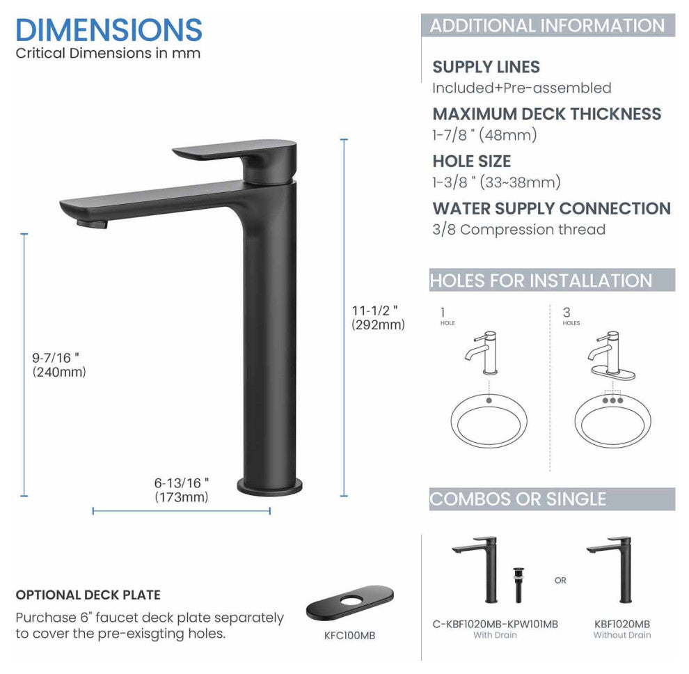 Tender-T Single Handle Bathroom Vessel Sink Faucet, Matte Black