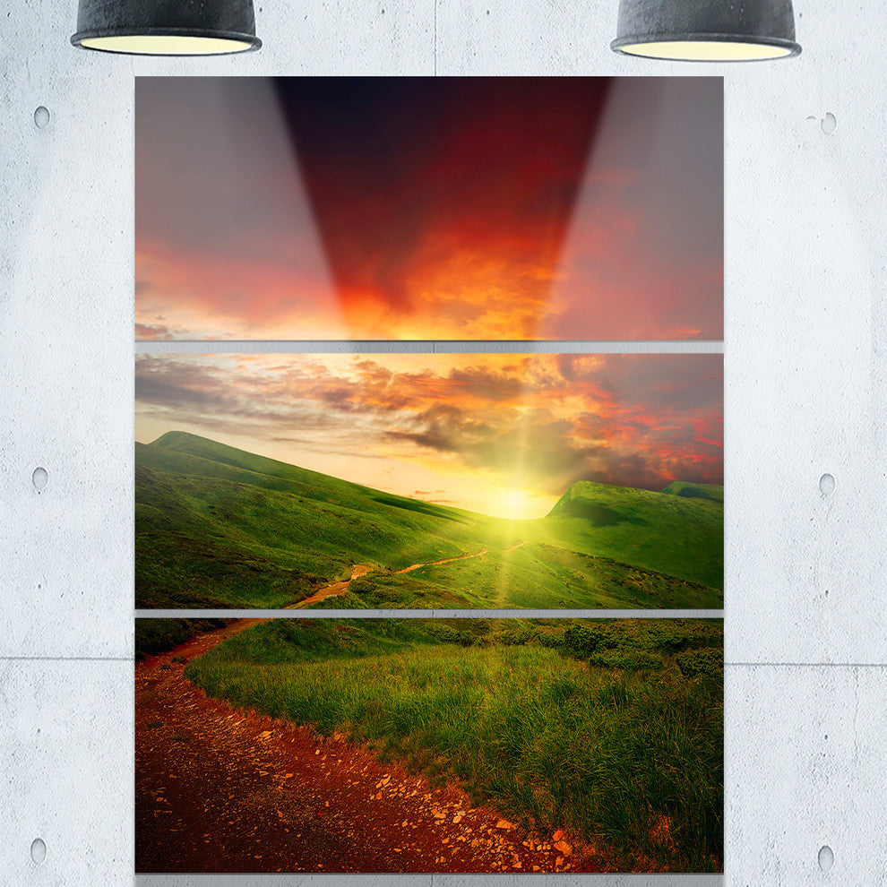 "Majestic Sunset and Path in Meadow" Metal Wall Art, 3 Panels, 28"x36"