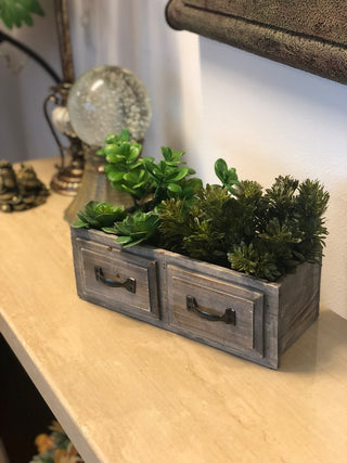 Natural Wood Double Rectangle Drawer Planter Pot With Hard Liners