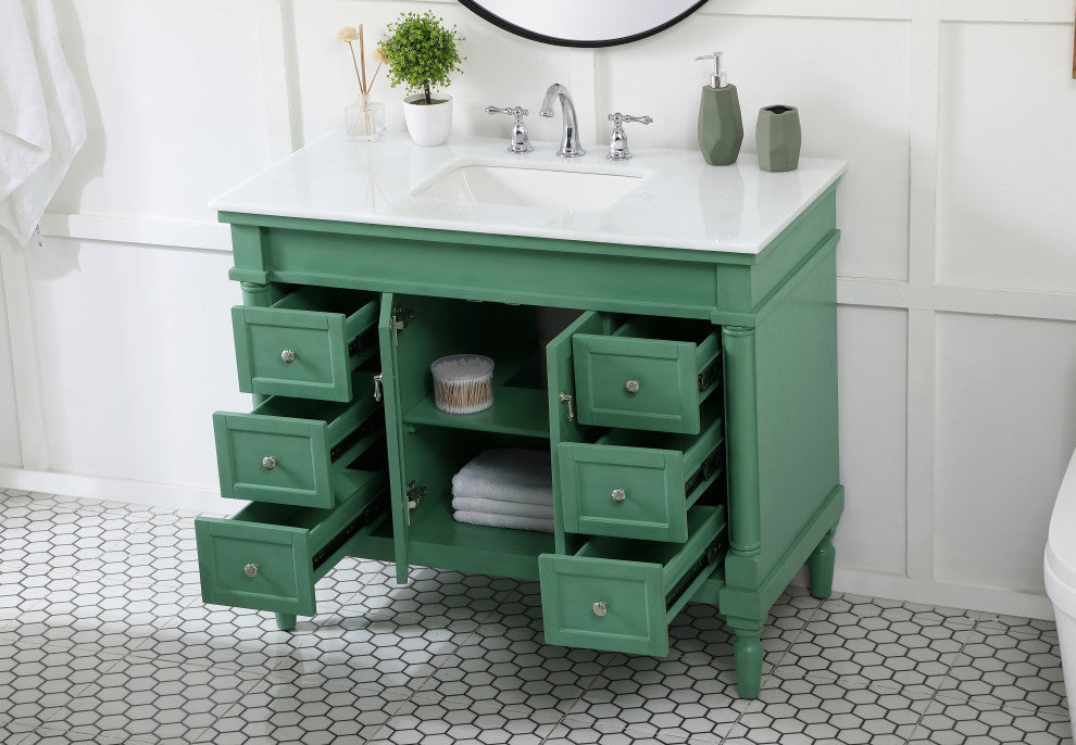 42" Single Bathroom Vanity, Vintage Mint With Ivory White Engineered Marble