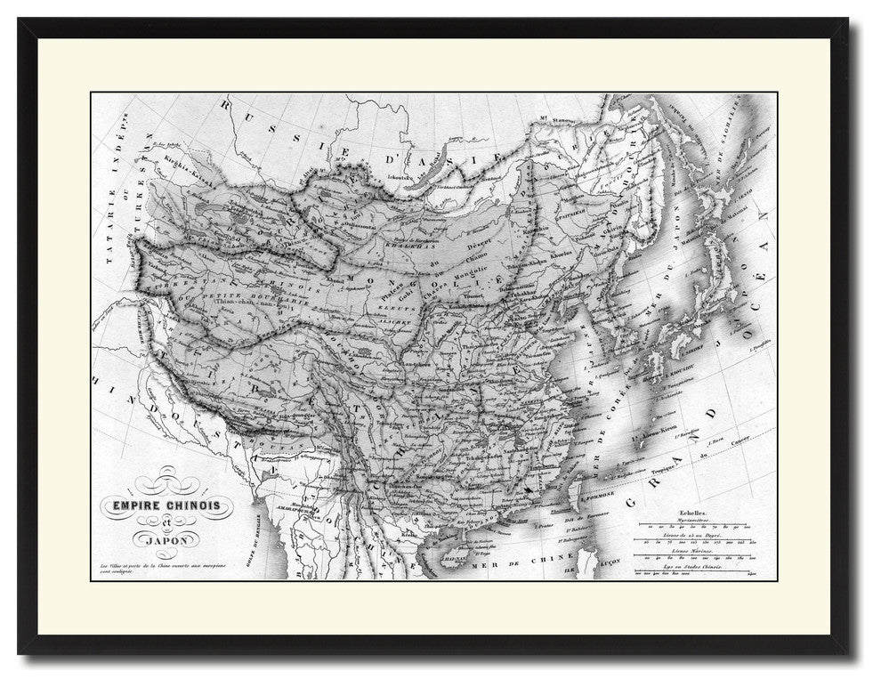 China Japan Korea Vintage B&W Map Canvas Print, 28"x37"