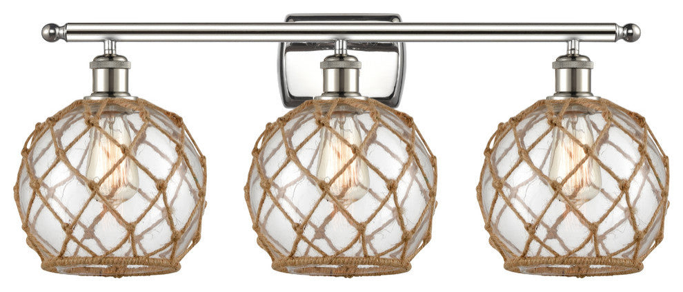 Farmhouse 3-Light Bath Vanity-Light, Nickel, Clear Glass With Brown Rope
