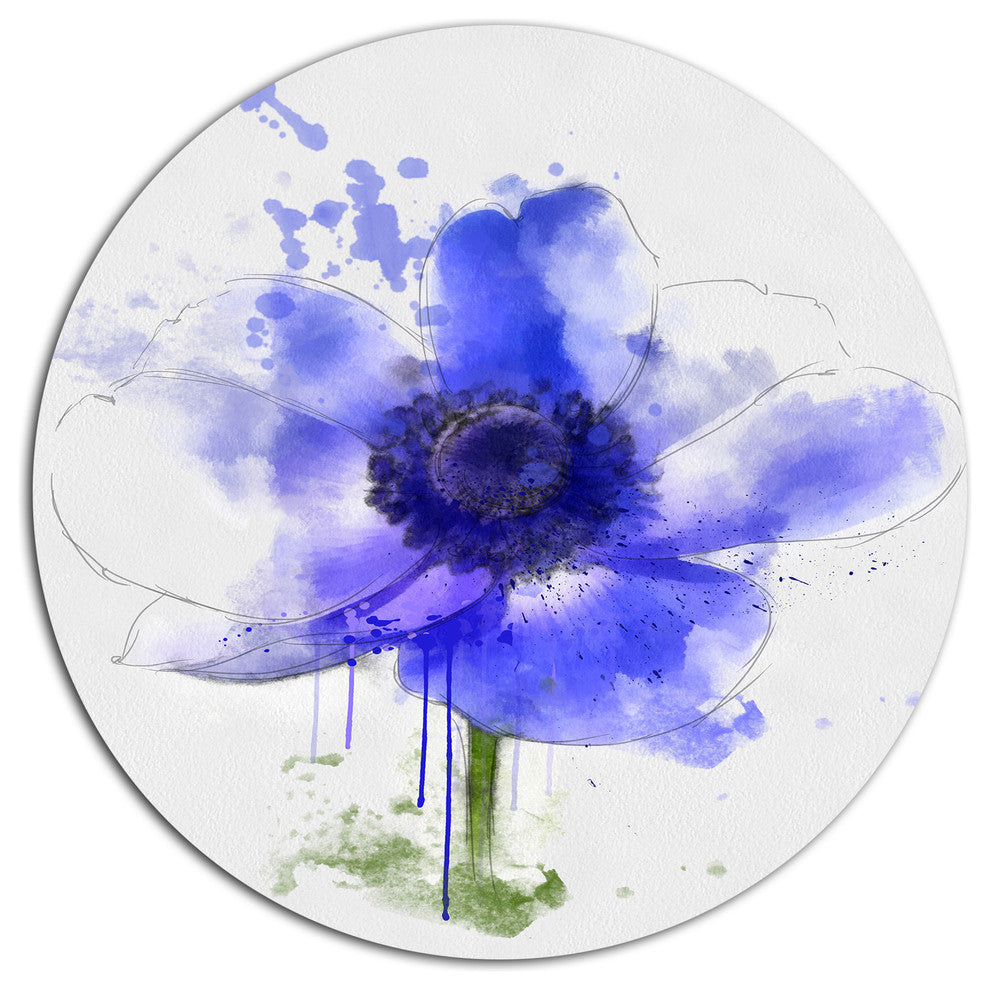 Blue Anemone Sketch Watercolor, Floral Disc Metal Artwork, 36"