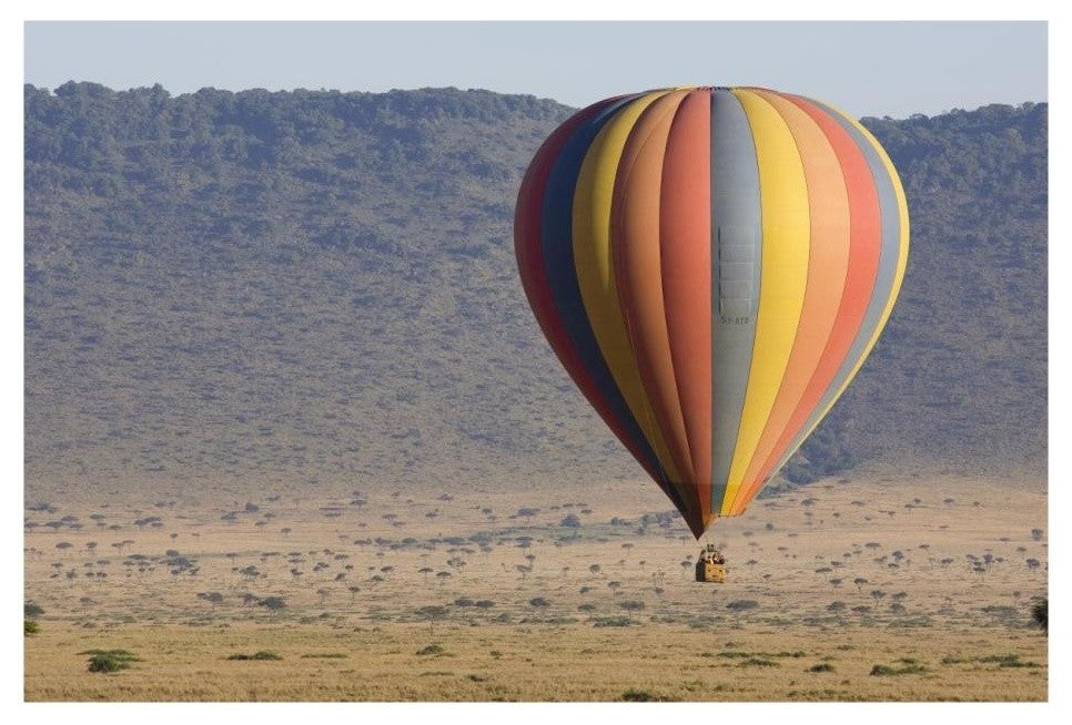 "Hot air balloon over savanna, Masai Mara Triangle, Kenya" Paper Art, 26"x18"