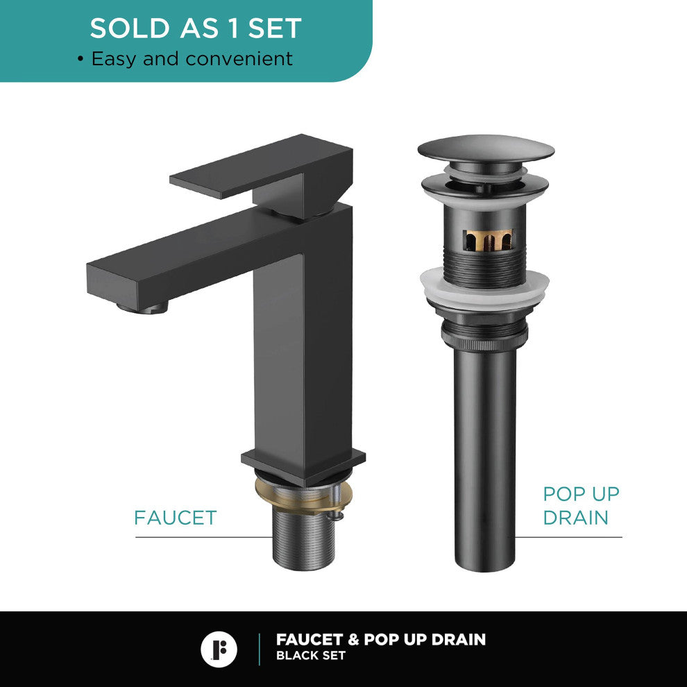Fine Fixtures Modern Single Hole Bathroom Sink Faucet with Pop-up Drain, Black