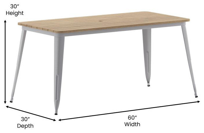 Declan Commercial Indoor/Outdoor Dining Table with Umbrella Hole, 30" x 60", Brown/Silver