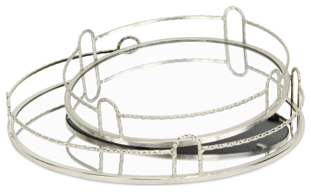 Mianzi Round Quilted Rim Silver Metal Trays (Set of 2)