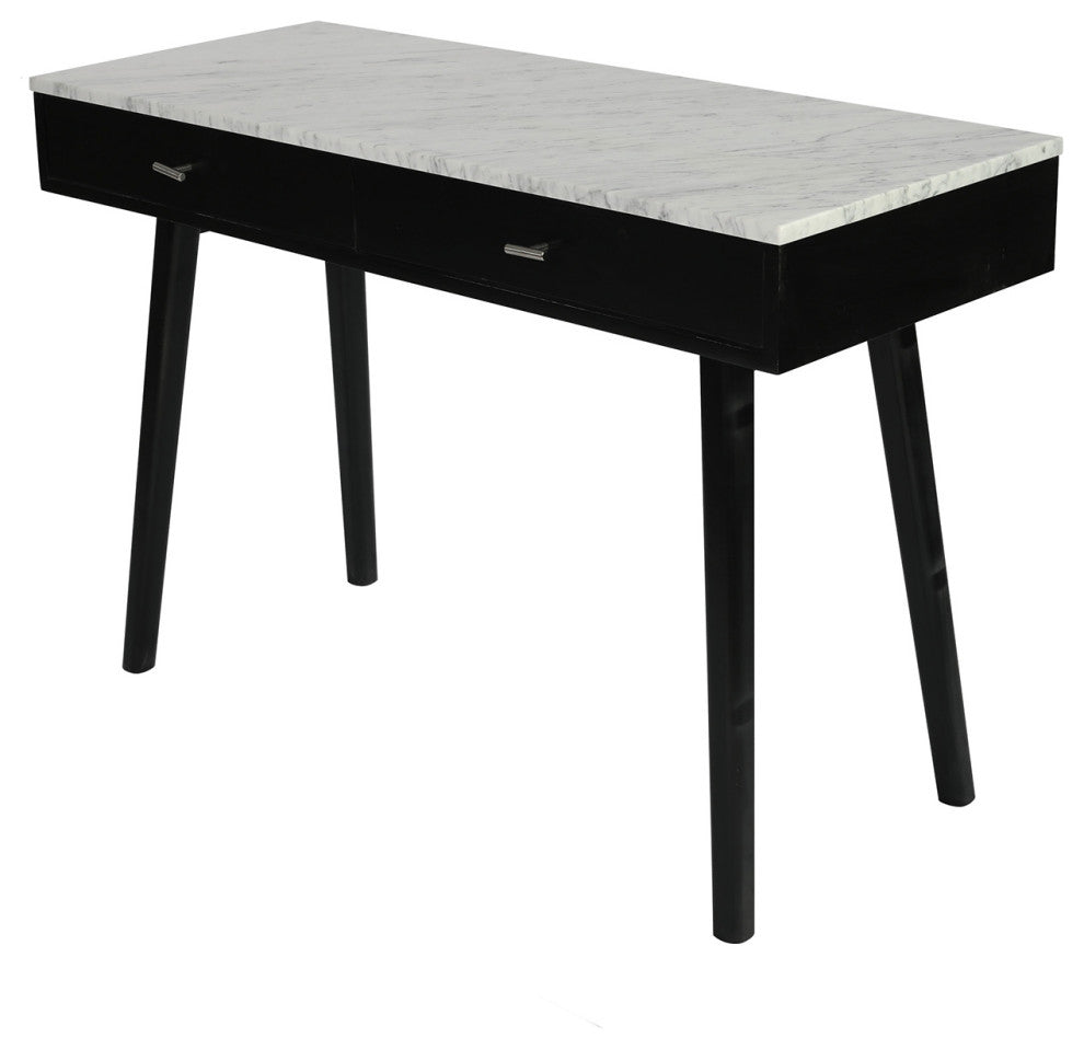 Viola 44" Rectangular Italian Carrara White Marble Writing Desk, Black, 18" Wide