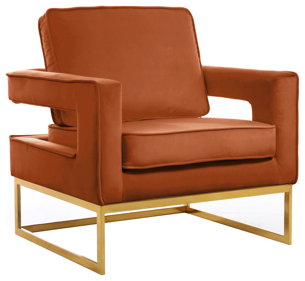 Noah Velvet Upholstered Accent Chair, Cognac, Gold Base