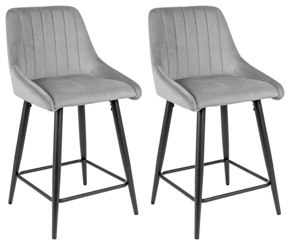 Set of 2 Vertical Channel Tufted Velvet Bar Stools, Grey, 24 Inch