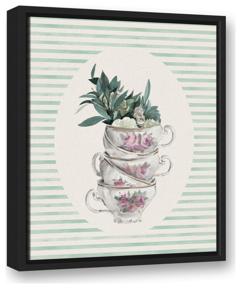 Stack Of Tea Cups Floral Stripes 5 16x20 Black Floating Framed Canvas