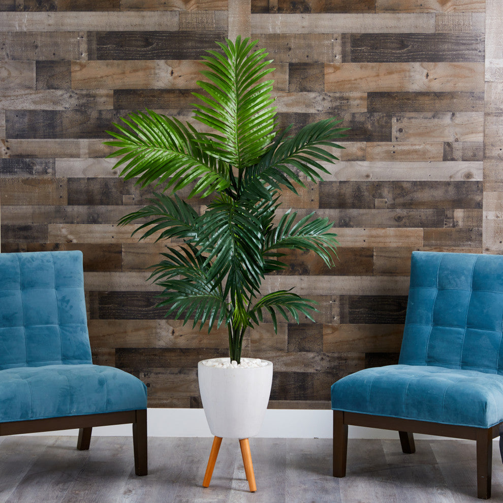 69" Kentia Artificial Palm Tree, White Planter With Stand