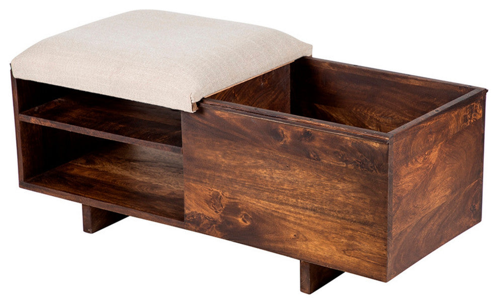 Benzara BM285207 Accent Storage Bench, Sliding Cushion Top, Modern, Brown Wood