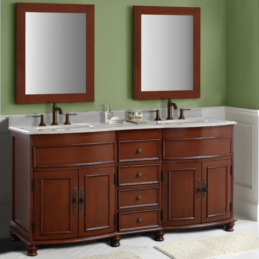 62" Double Sink Vanity Walnut Finish, Travertine Top