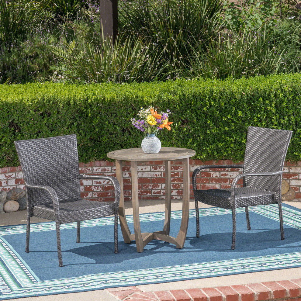 GDF Studio 3-Piece Jared Outdoor Wood and Wicker Bistro Set, Gray and Gray