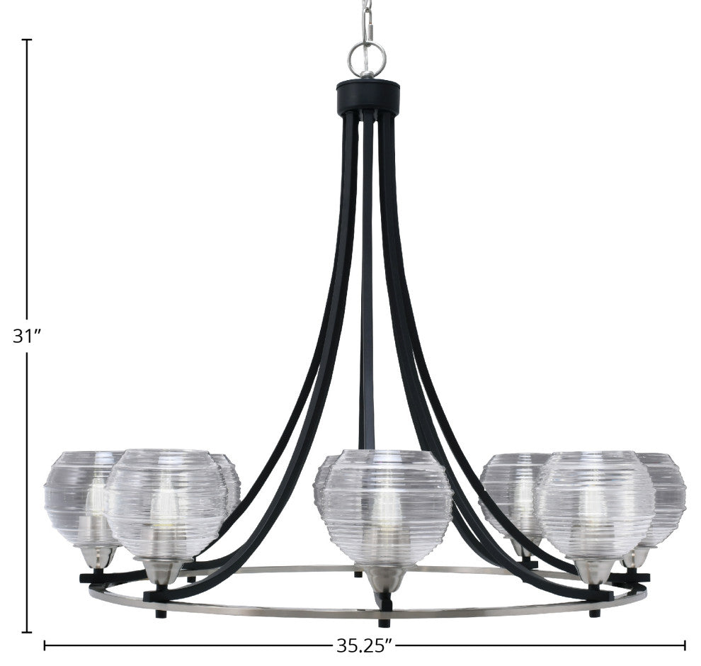 Paramount 8-Light Chandelier, Matte Black & Brushed Nickel, 6" Clear Ribbed