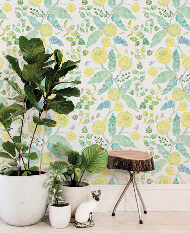 Spring Garden Flowers Peel and Stick Vinyl Wallpaper, Yellow, 24"w X 108"h