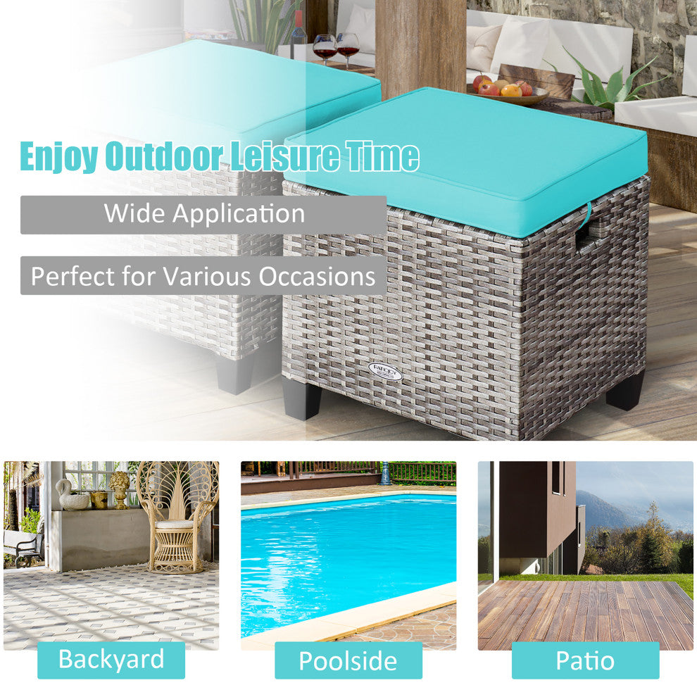 Costway 2PCS Patio Rattan Cushioned Ottoman Seat Foot Rest TableTurquoise