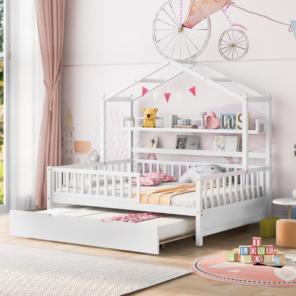 Gewnee Wood Full Size House Bed with Trundle for Kids in White