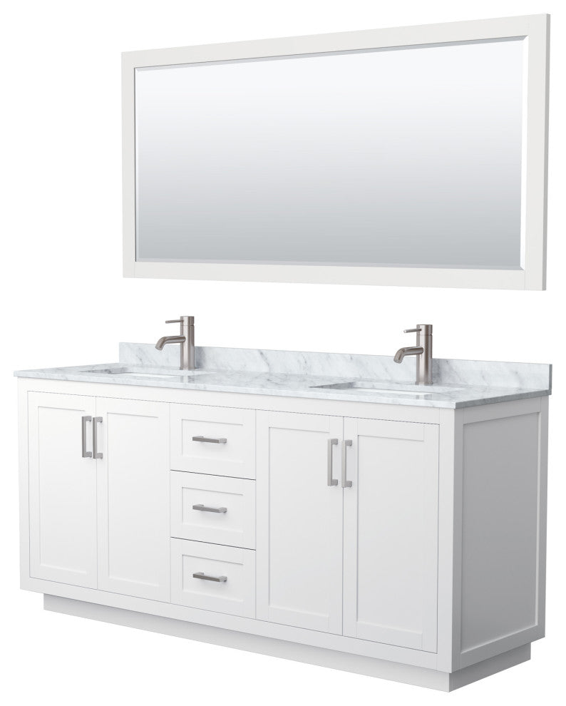72"DBL Bathroom Vanity White, Carrara Countertop, Sinks, Nickel Trim, 70" Mirror