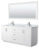 72"DBL Bathroom Vanity White, Carrara Countertop, Sinks, Nickel Trim, 70" Mirror