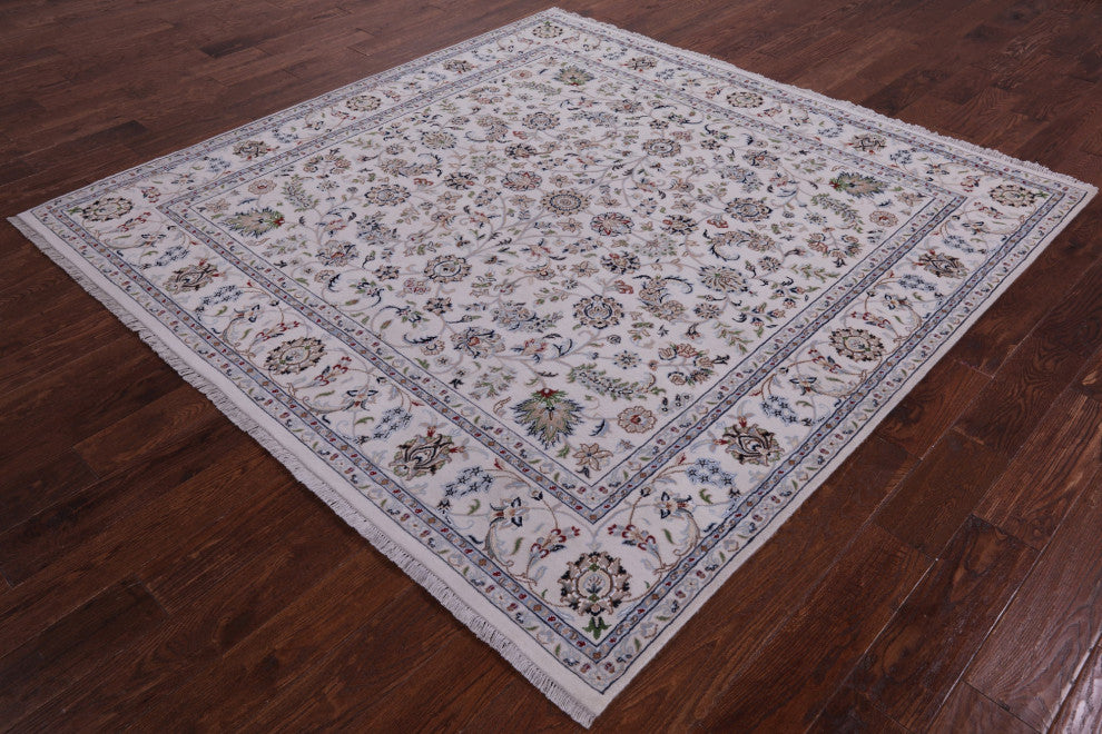 7' Square Wool & Silk Hand-Knotted Persian Nain Rug - Q14752