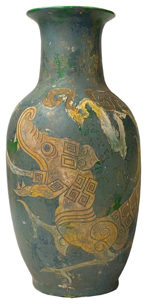 Chinese Distressed Blue Green Paint Porcelain Dragon Pattern Vase Hws2440