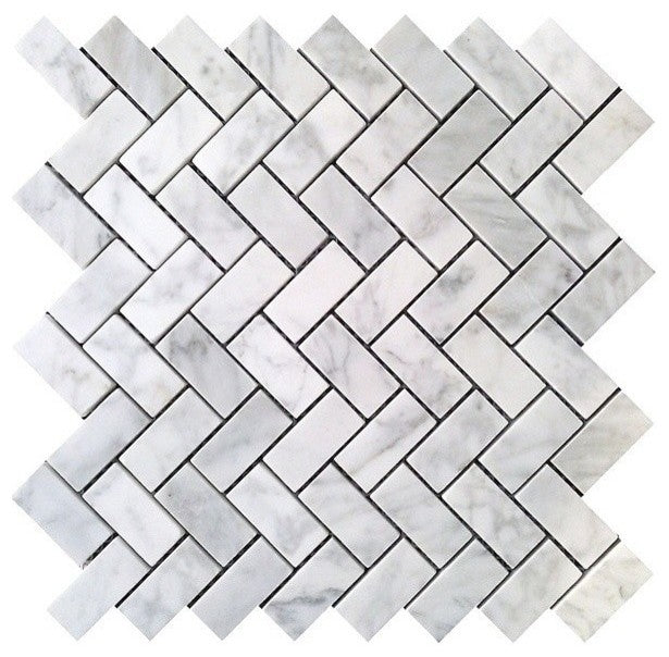 Pattern Polished Tile, Carrara White Herringbone, 10 Sq. ft., 1"x2"