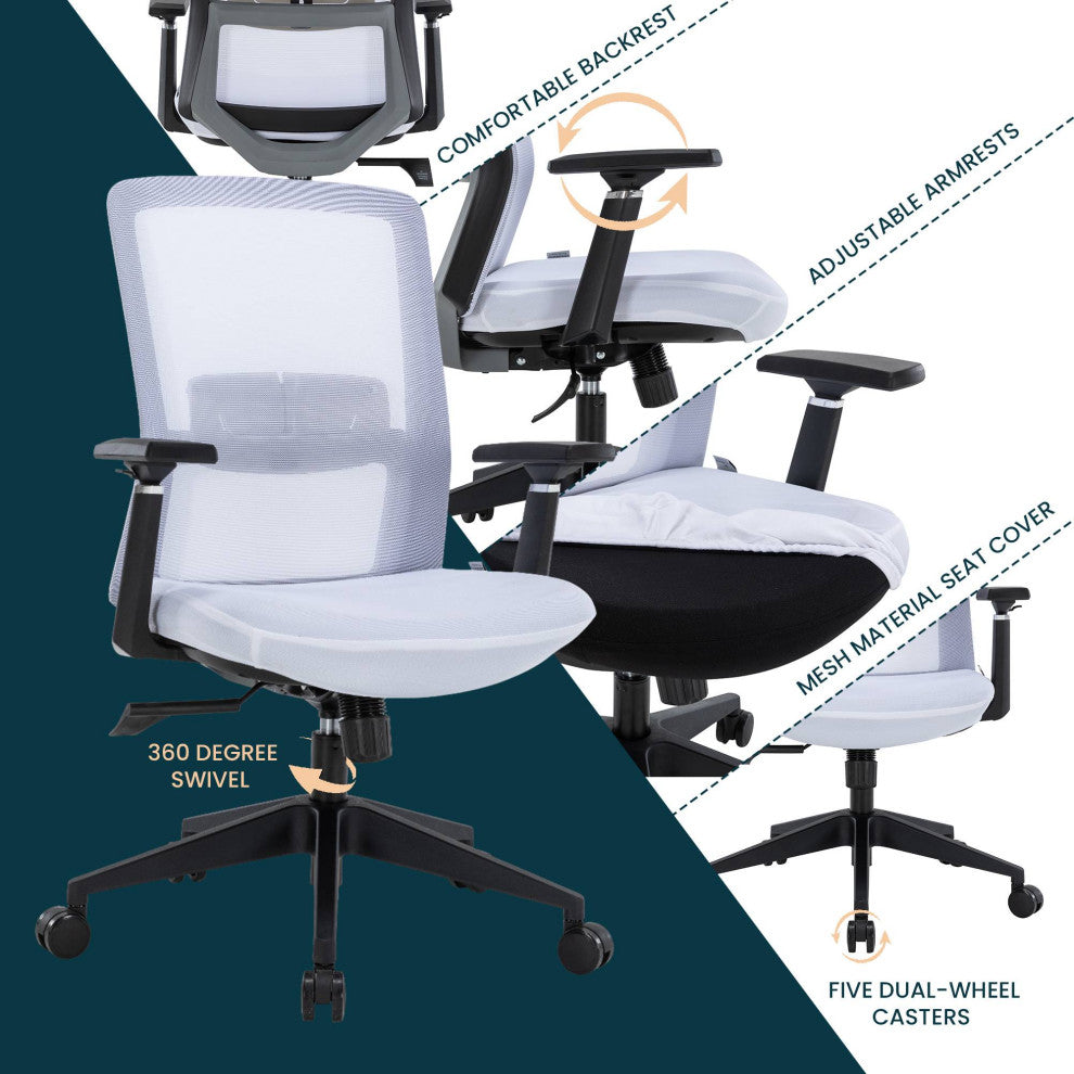 LeisureMod Ingram Modern Mesh Office Task Chair With Adjustable Armrests, White/White