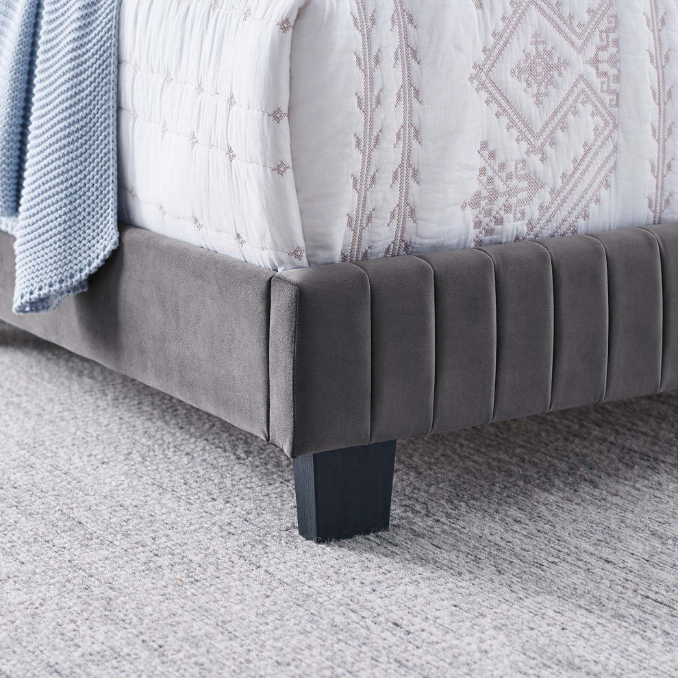 Tufted Platform Bed Frame, Full Size, Velvet, Grey Gray, Modern Contemporary