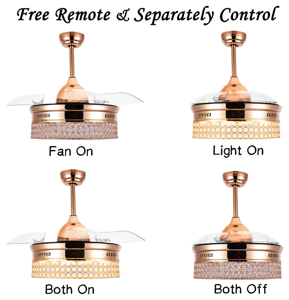 42" LED Retractable Ceiling Fan With Light Kit and Remote Control Included, Gold