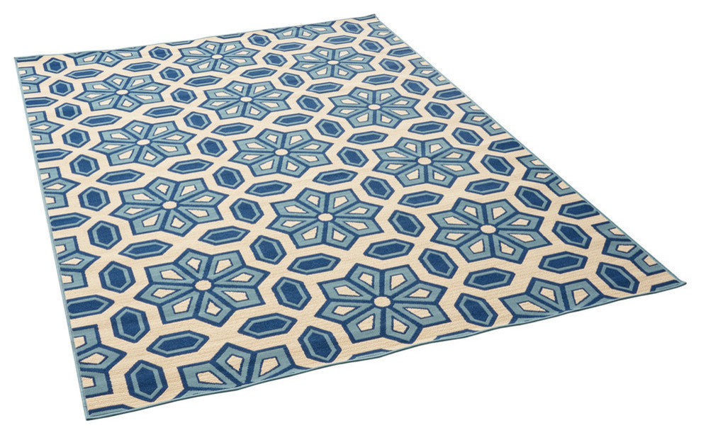 GDF Studio Jacobs Outdoor Geometric  Area Rug, Ivory and Blue, 8'x11'