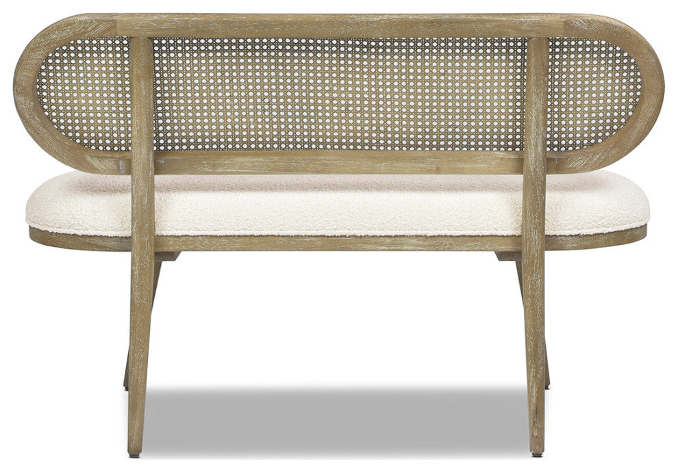 Havana 48" Boucle Upholstered Cane Rattan Bench, Ivory White
