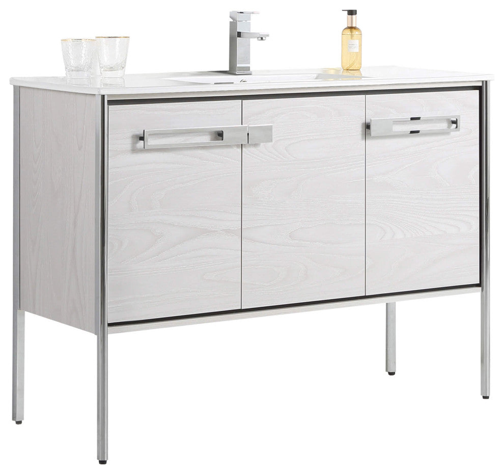 Oakville Bath Vanity, Ceramic Sink, Mild Grey Oak, 48 Inch, Chrome Hardware