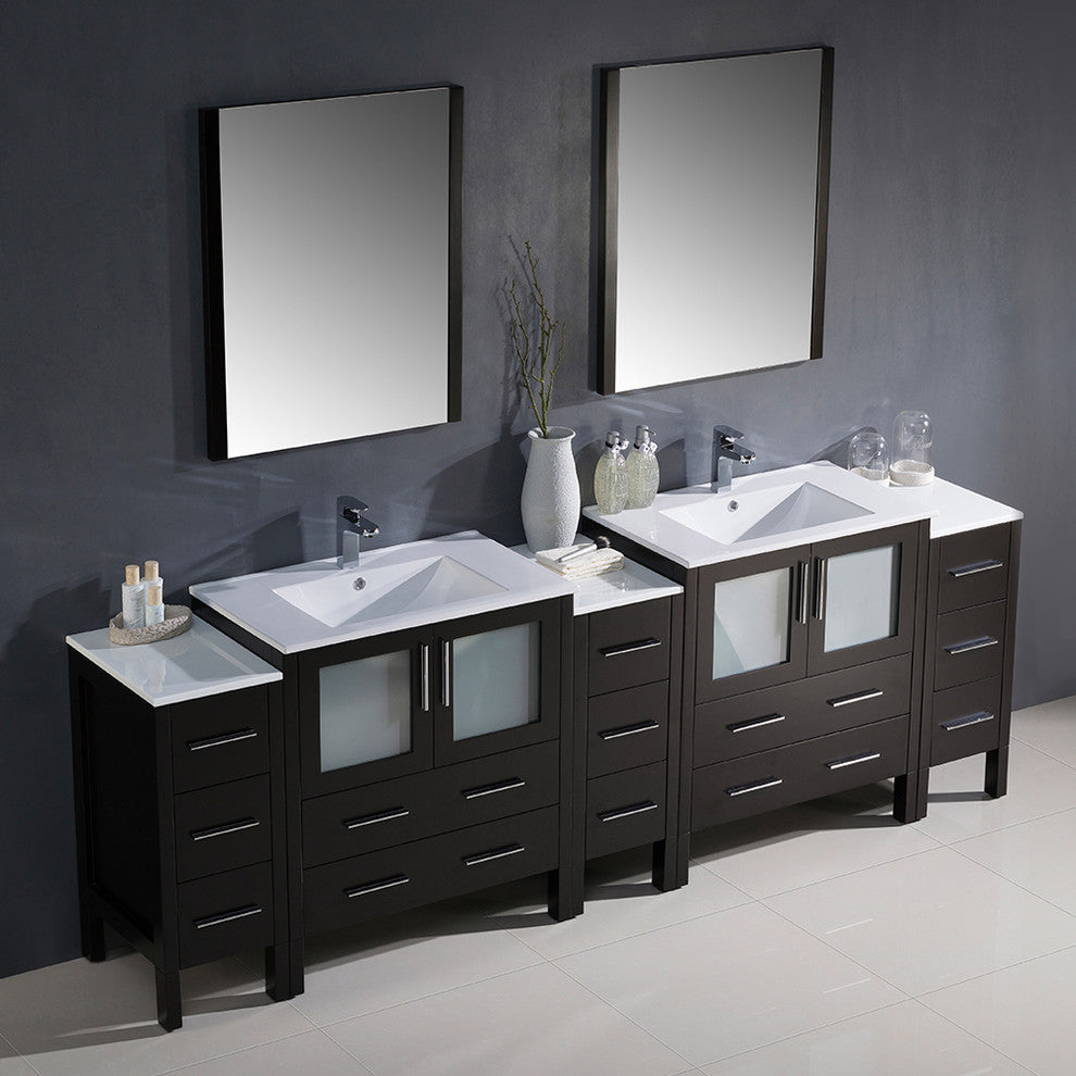 Torino 96" Espresso Modern Double Sink Bathroom Vanity, Faucet FFT9151BN
