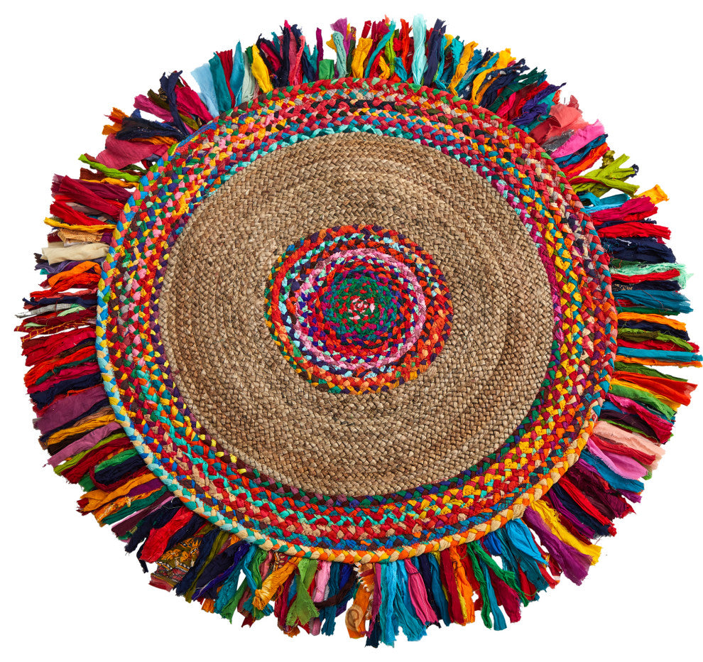 3' x 3' Handmade Woven Chindi Jute Rug With Colorful Fringe