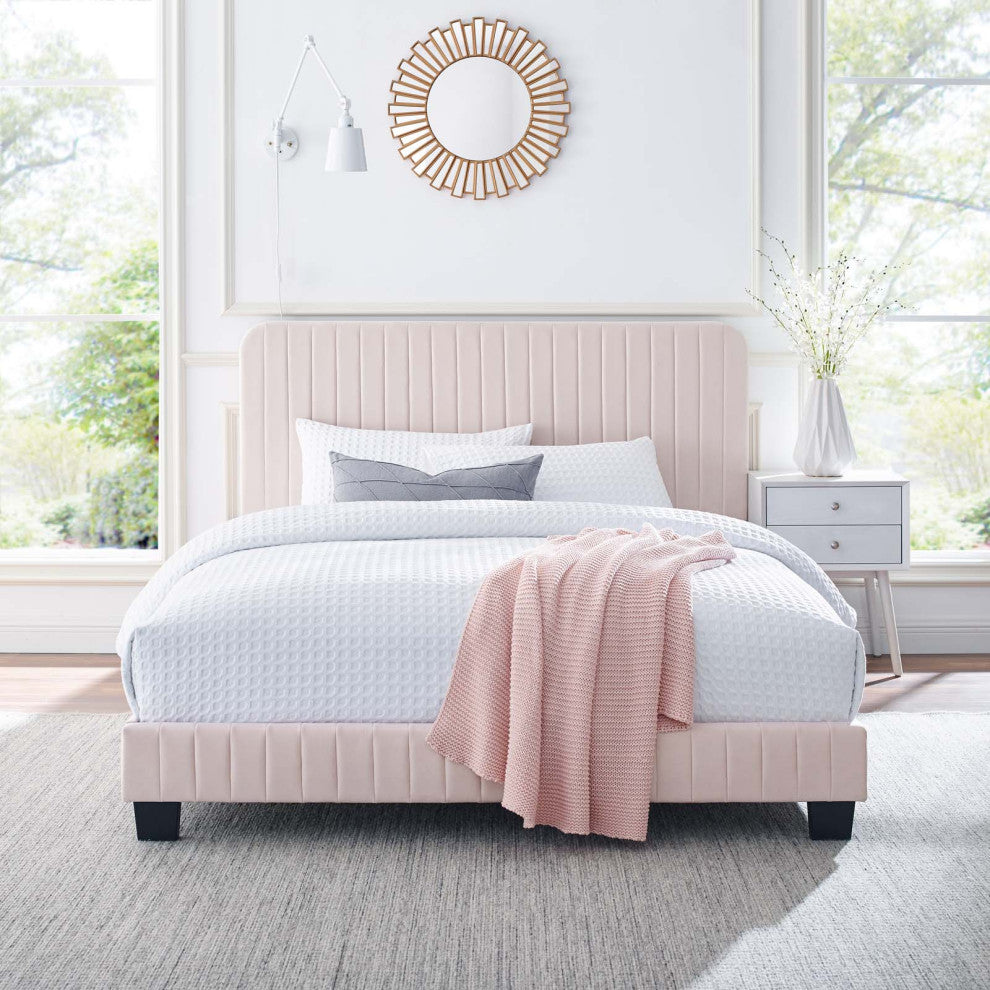 Tufted Platform Bed Frame, Full Size, Velvet, Pink, Modern Contemporary, Bedroom