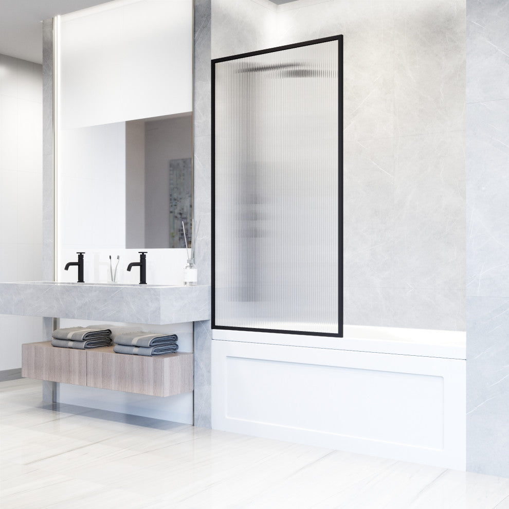 VIGO Meridian Framed Fixed, Matte Black, Tub Screen, 34" W X 62" H, Fluted Glass
